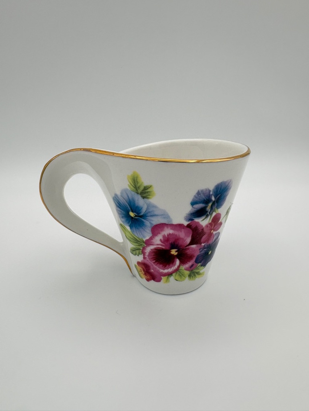 Adeline Fine Porcelain Teacup Saucer Spoon Set Pansy Gold Trim 3pc - Picture 12 of 15